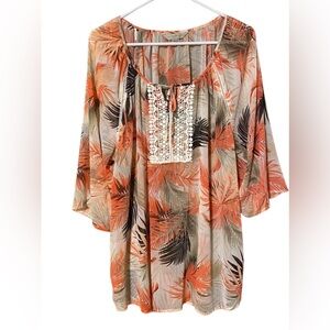 Laura Ashley Top Womens 3X Peasant 3/4 Sleeves Multicolor Semi-Sheer Cottagecore